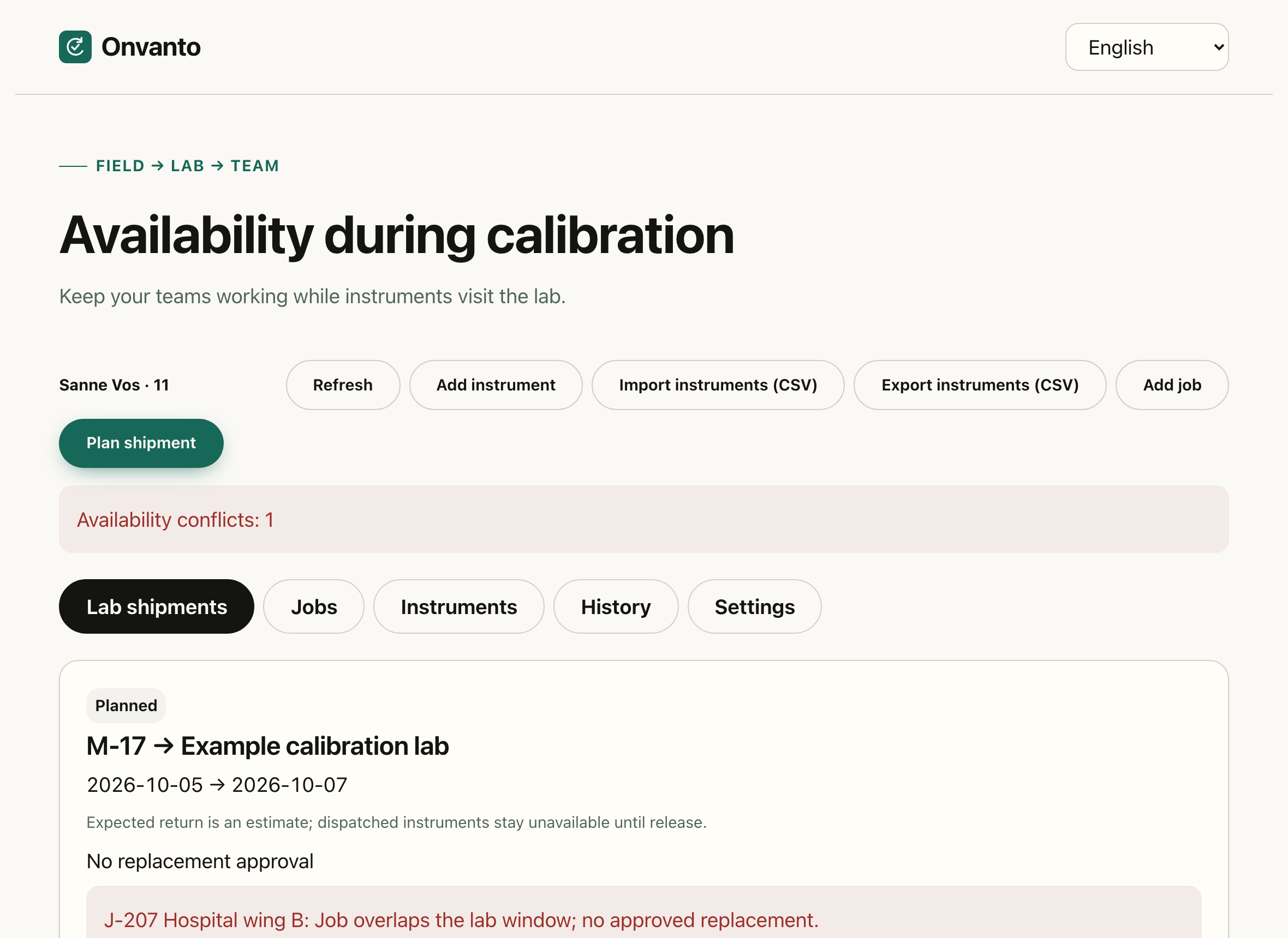 The Onvanto planning in the company portal: one availability conflict, and the lab shipment of M-17 shows that job J-207 overlaps the lab window without an approved replacement.